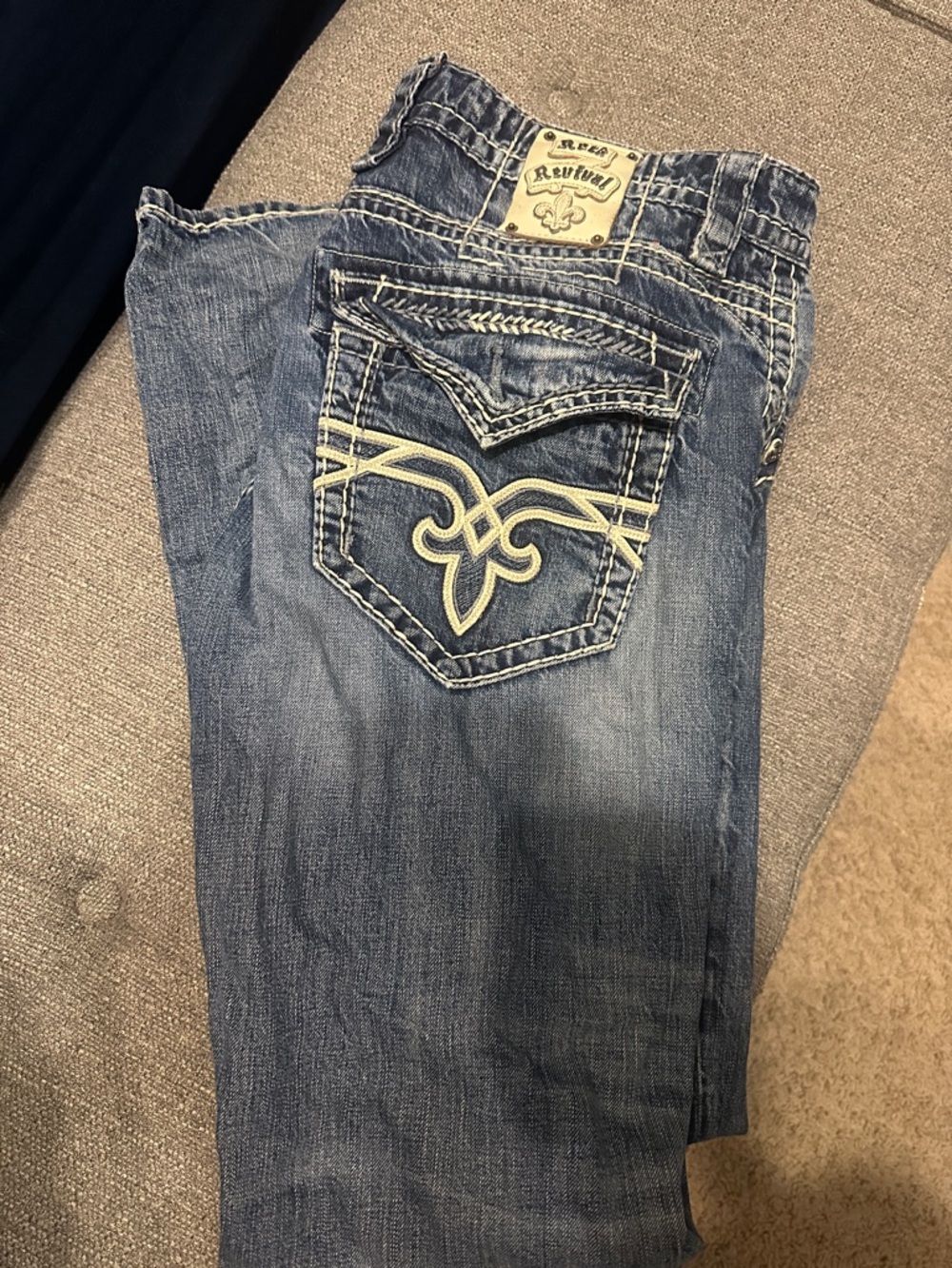 Rock Revival Fabio Boot Denim Jeans with Cream Embroidered Pocket